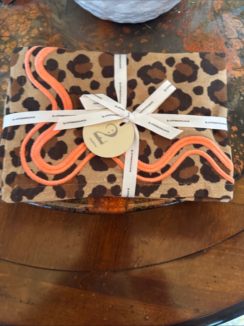 Anthropologie (2) Leopard Print Table Linen with Coral Trim